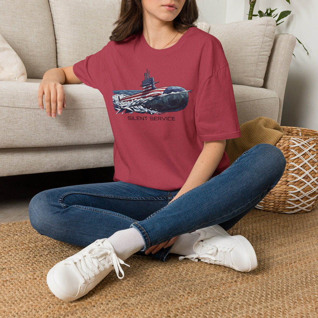 Burgundy submarine graphic T-shirt with American flag, short sleeves
