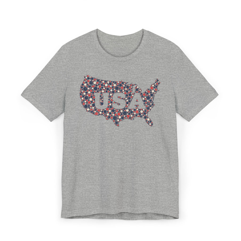 Heather gray T-shirt with colorful floral USA outline graphic and "USA" text