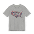 Heather gray T-shirt with colorful floral USA outline graphic and "USA" text