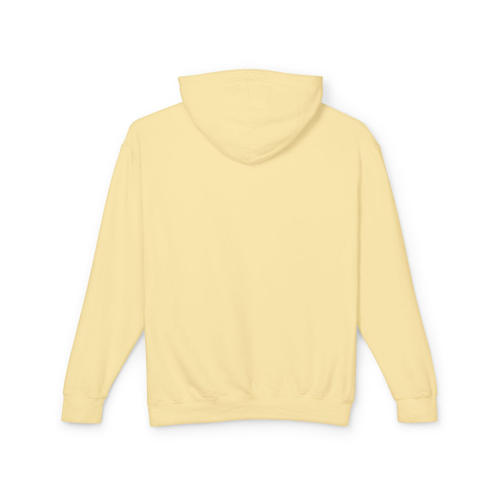 Light yellow pullover hoodie, back view with hood and kangaroo pocket