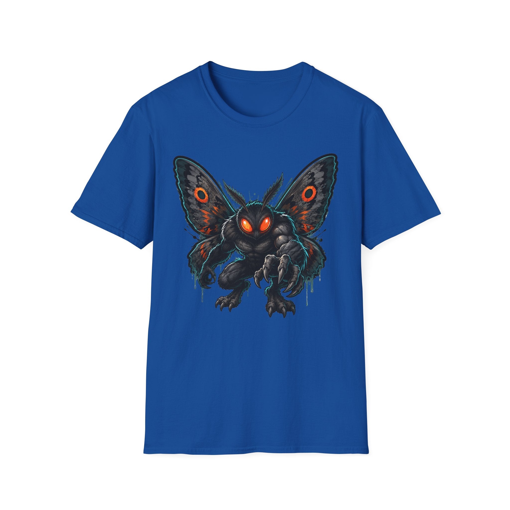 Royal blue monster moth graphic T-shirt with glowing eyes front print