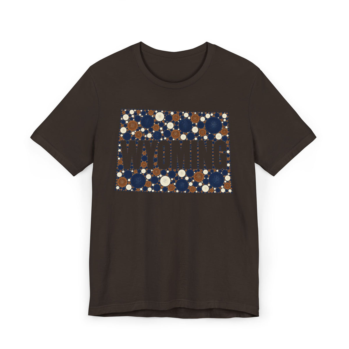 Dark brown crew-neck T-shirt with Wyoming polka-dot map graphic and WYOMING text