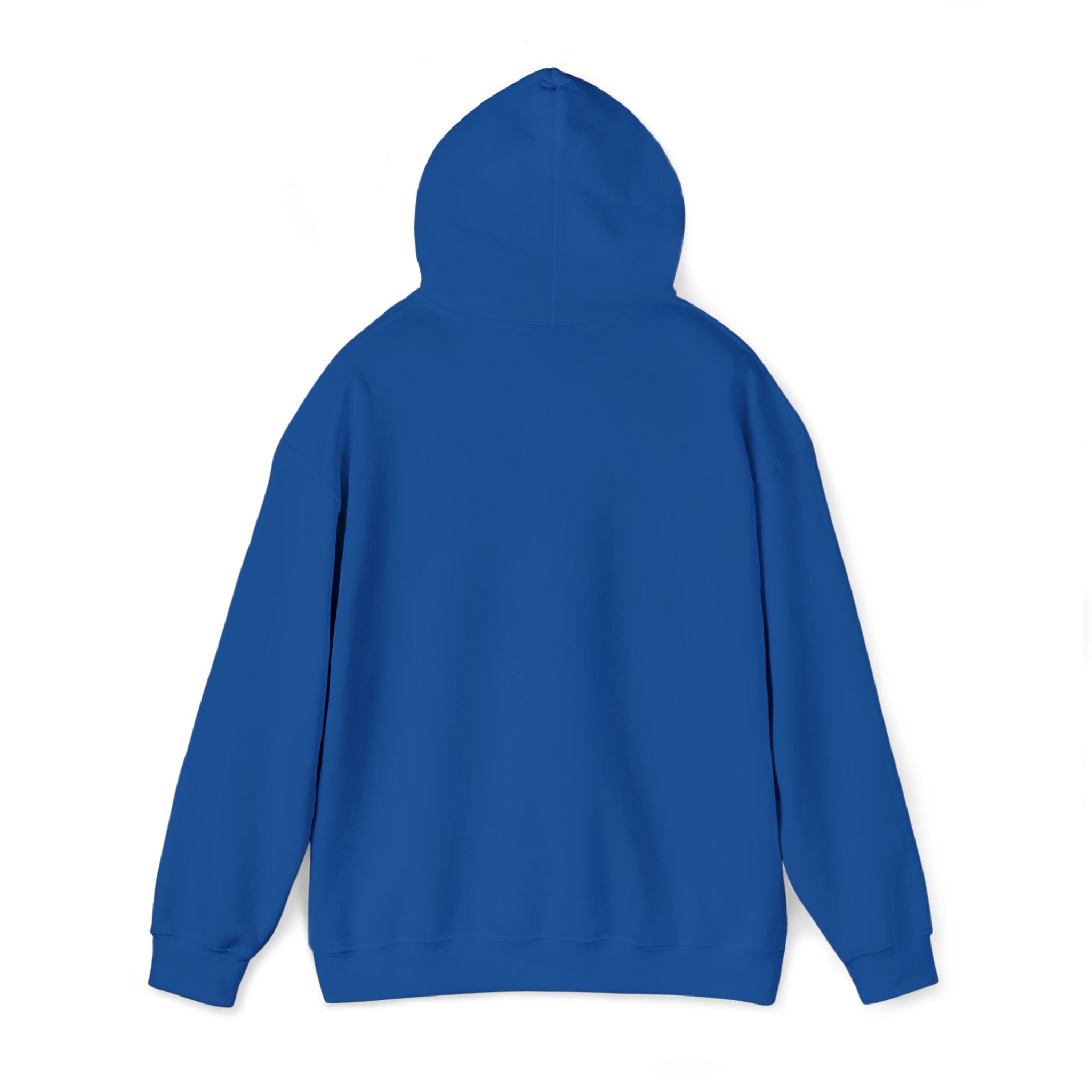 Blue pullover hoodie with attached hood and long sleeves