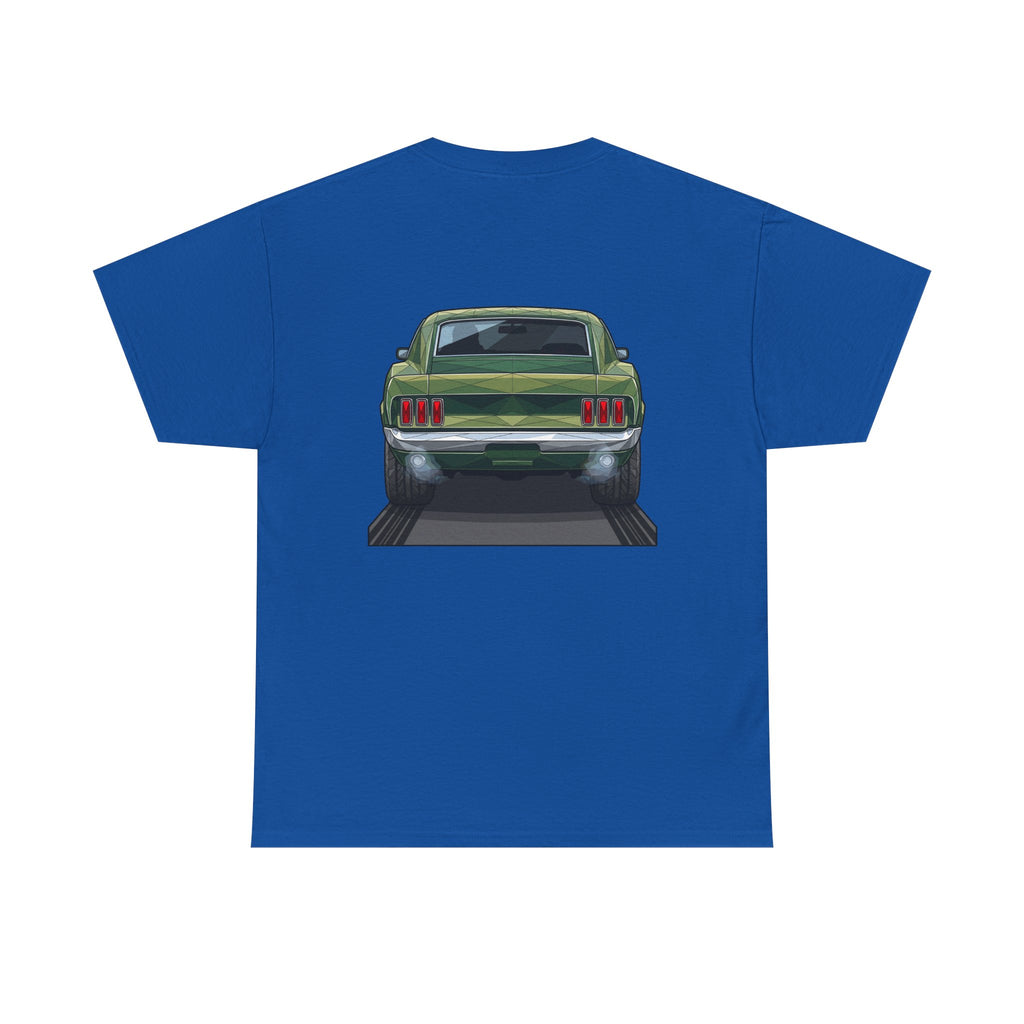 Royal blue T-shirt with vintage green muscle car front graphic on chest