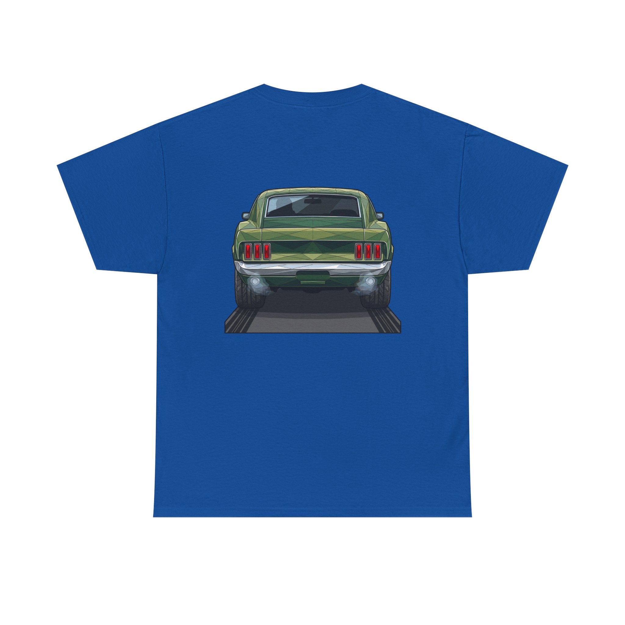 Royal blue T-shirt with vintage green muscle car front graphic on chest