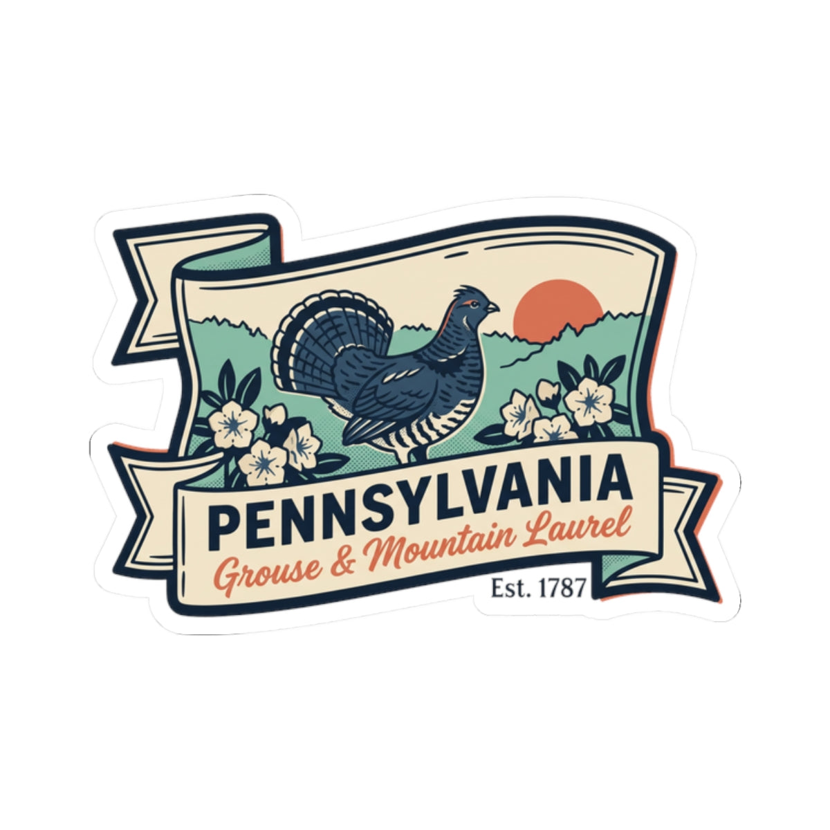 Pennsylvania grouse and mountain laurel vintage badge kiss-cut sticker, blue and tan artwork