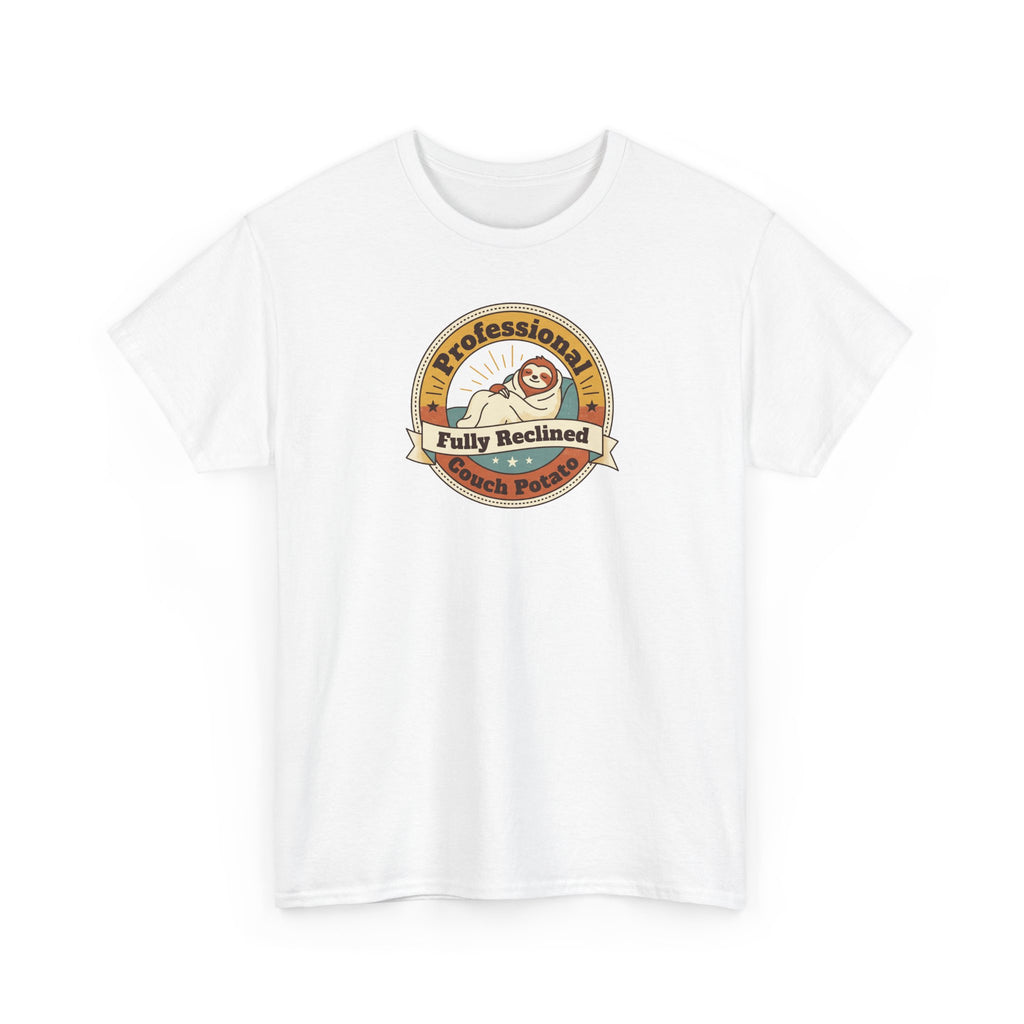 White crew-neck T-shirt with circular “Professional Fully Reclined” sloth graphic.