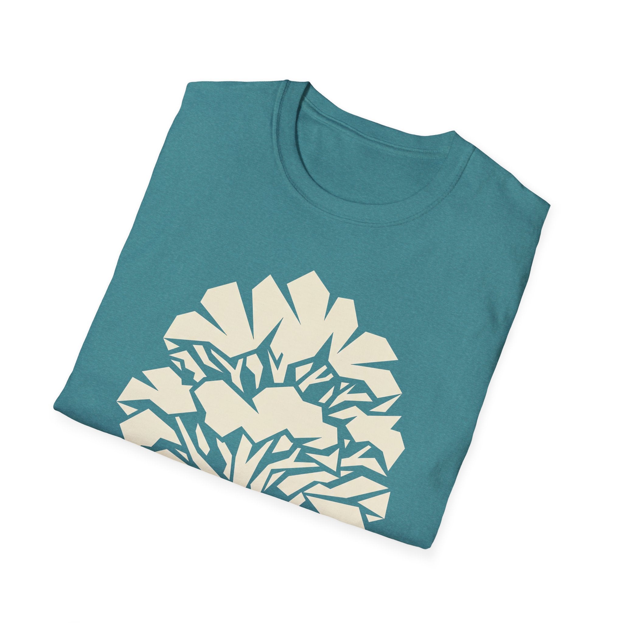 Teal geometric tree T-shirt with cream abstract nature silhouette graphic