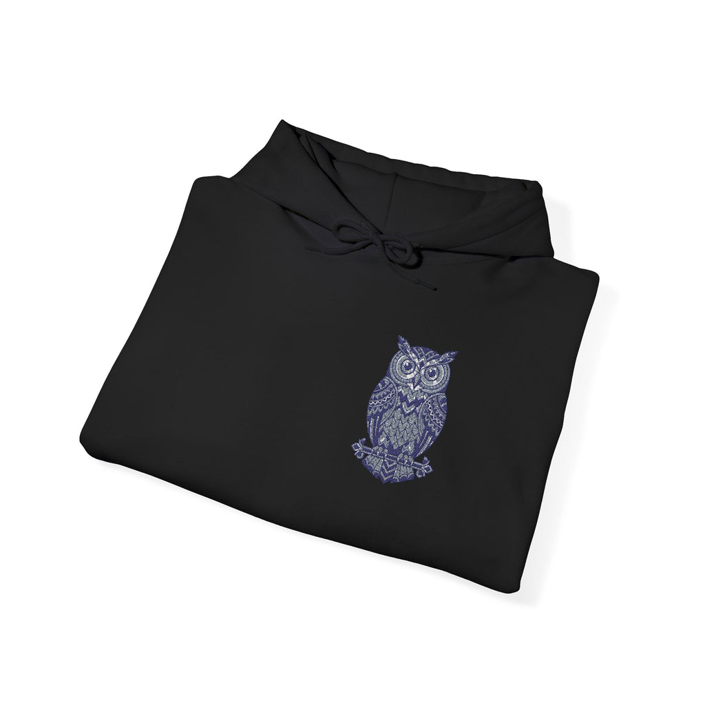 Black hoodie, folded front with blue owl chest print and drawstring hood