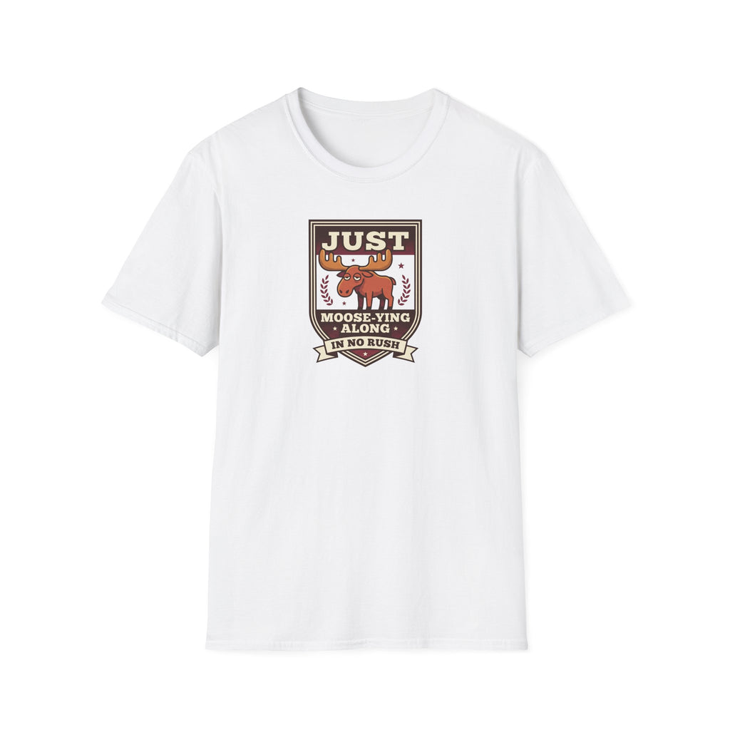White crew-neck T-shirt with front moose graphic badge print