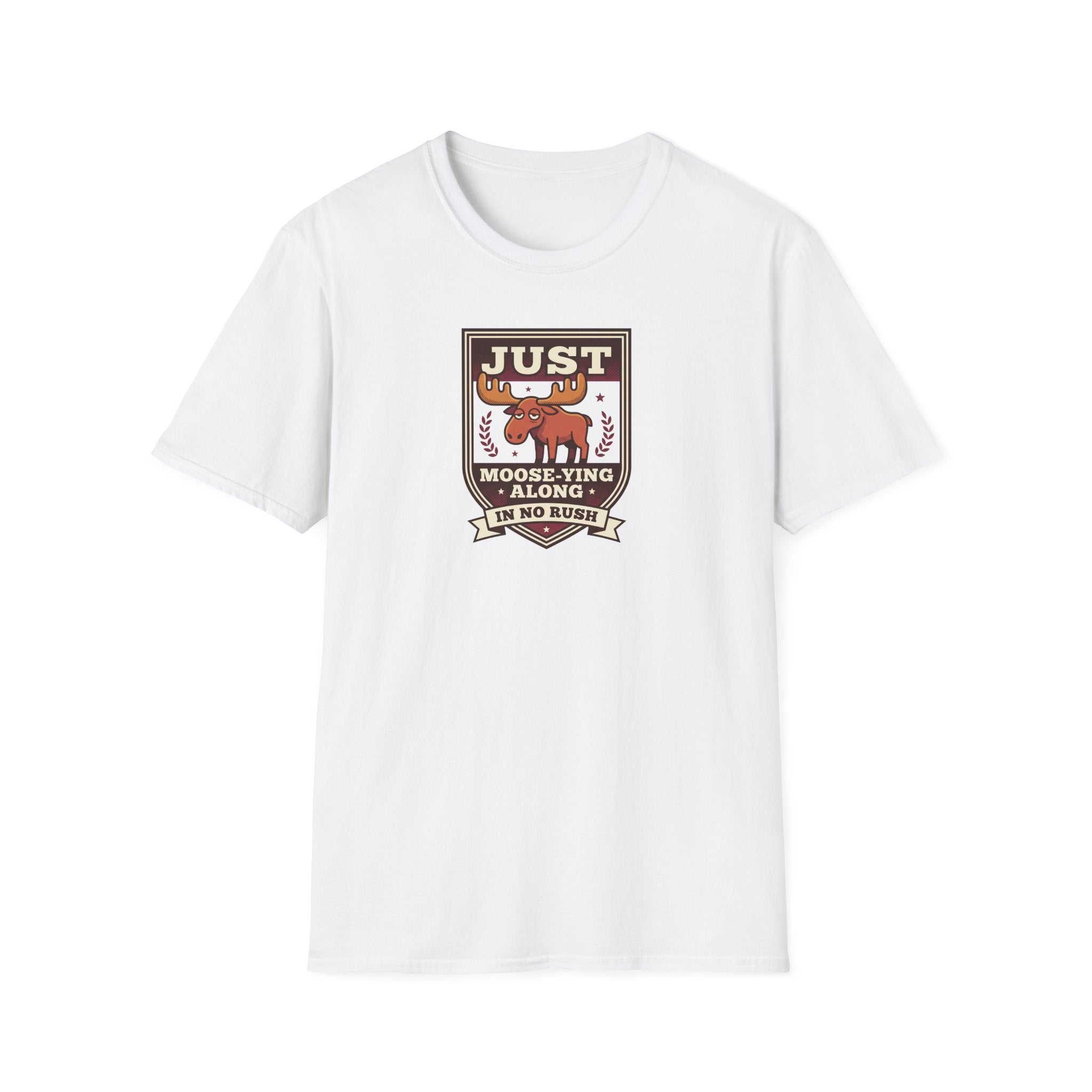 White crew-neck T-shirt with front moose graphic badge print