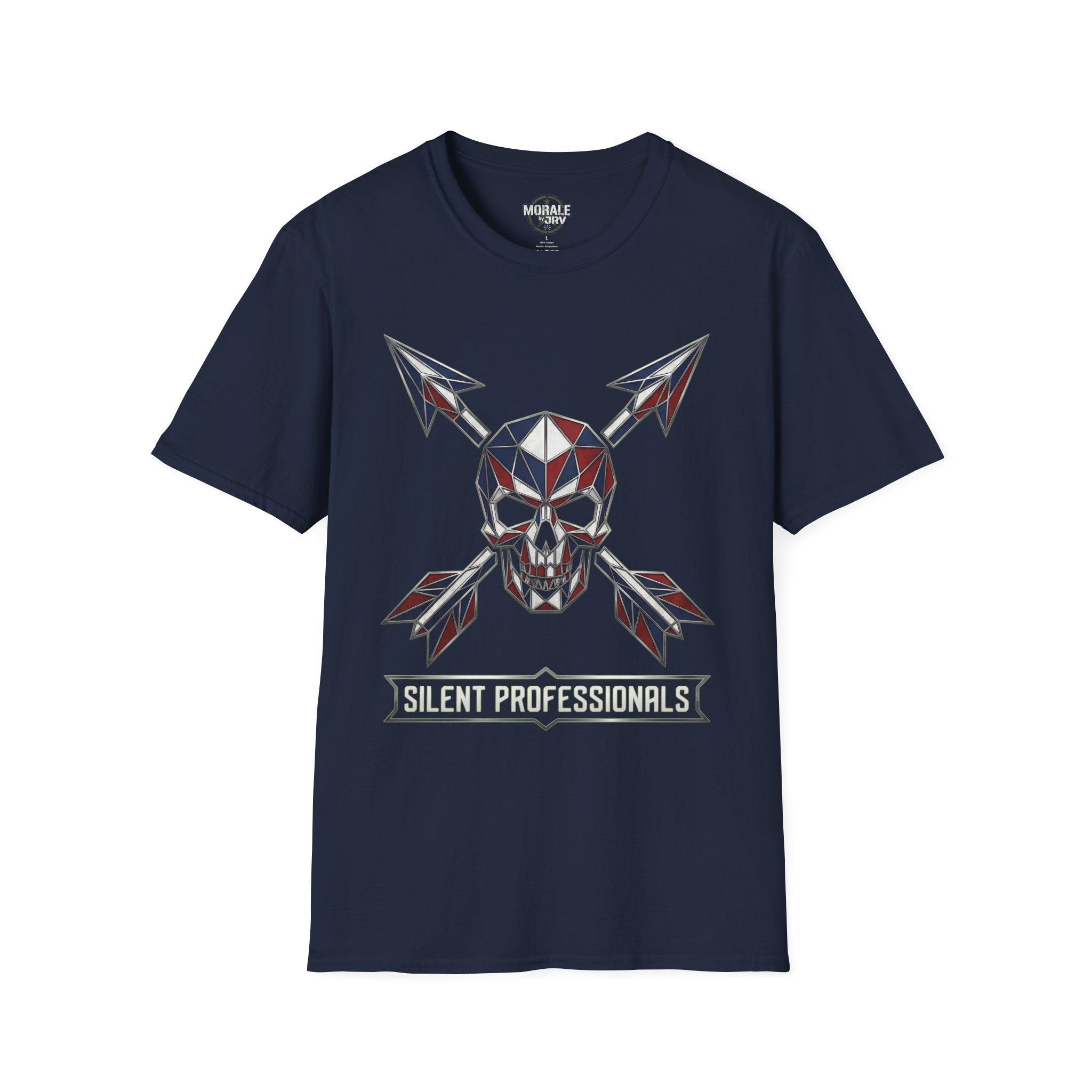Navy T-shirt with geometric skull and crossed arrows graphic, Silent Professionals