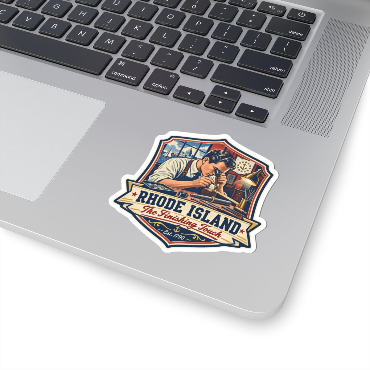 Rhode Island sticker on a laptop keyboard, decorative nautical badge with sailor portrait