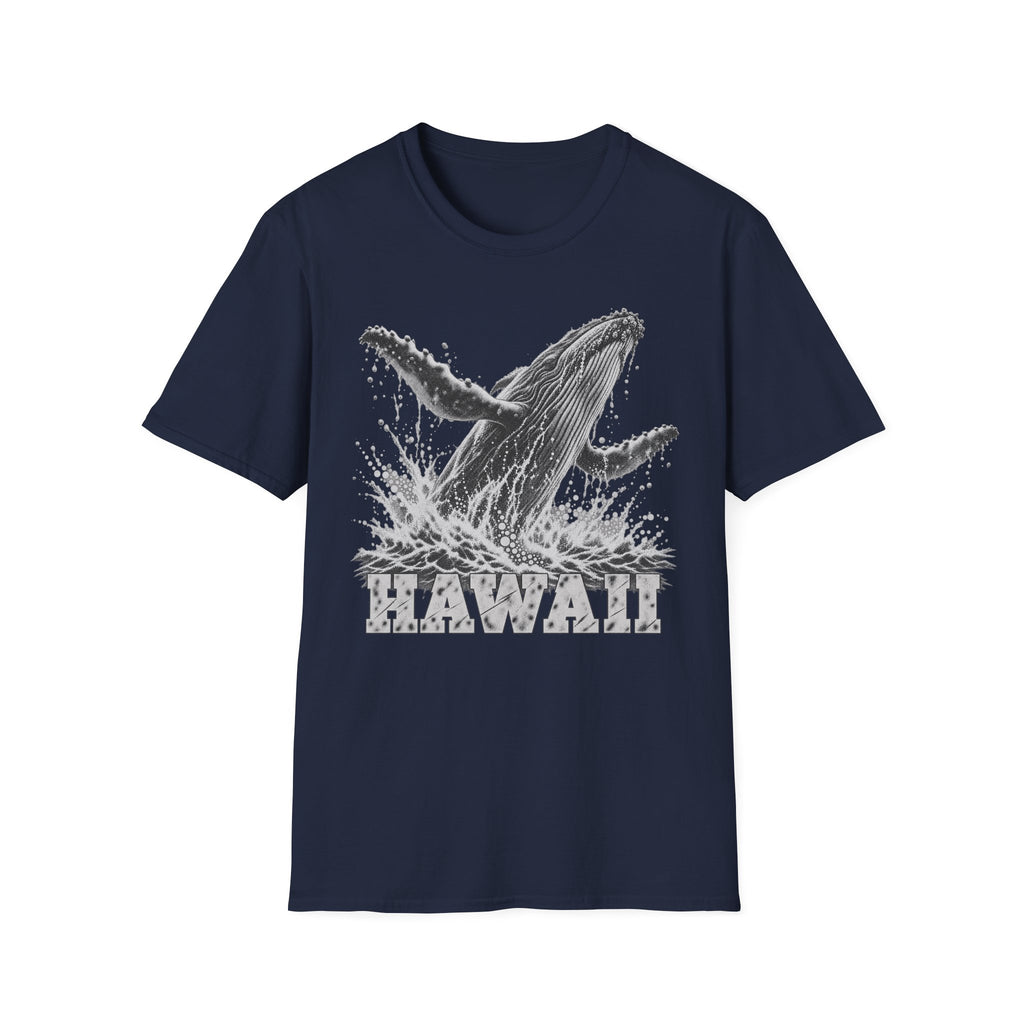 Navy crewneck T-shirt with white breaching humpback whale and “HAWAII” graphic