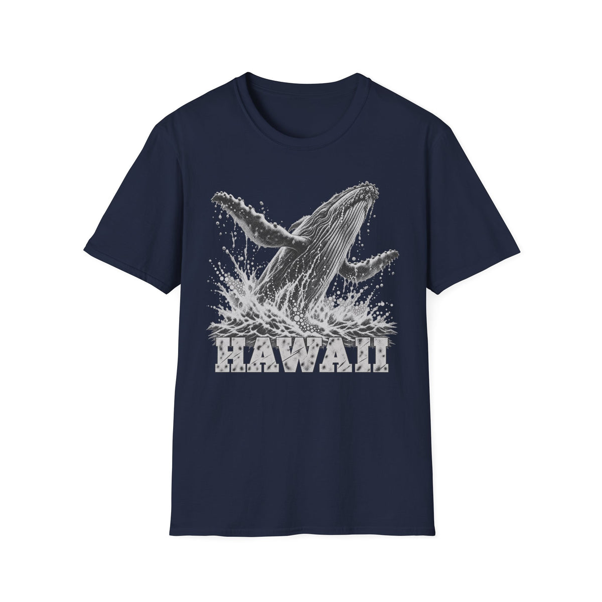 Navy crewneck T-shirt with white breaching humpback whale and “HAWAII” graphic