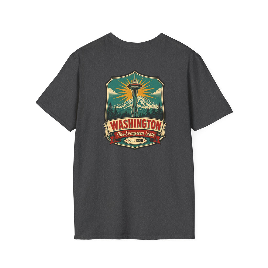 Dark gray T-shirt with Washington lighthouse graphic on front