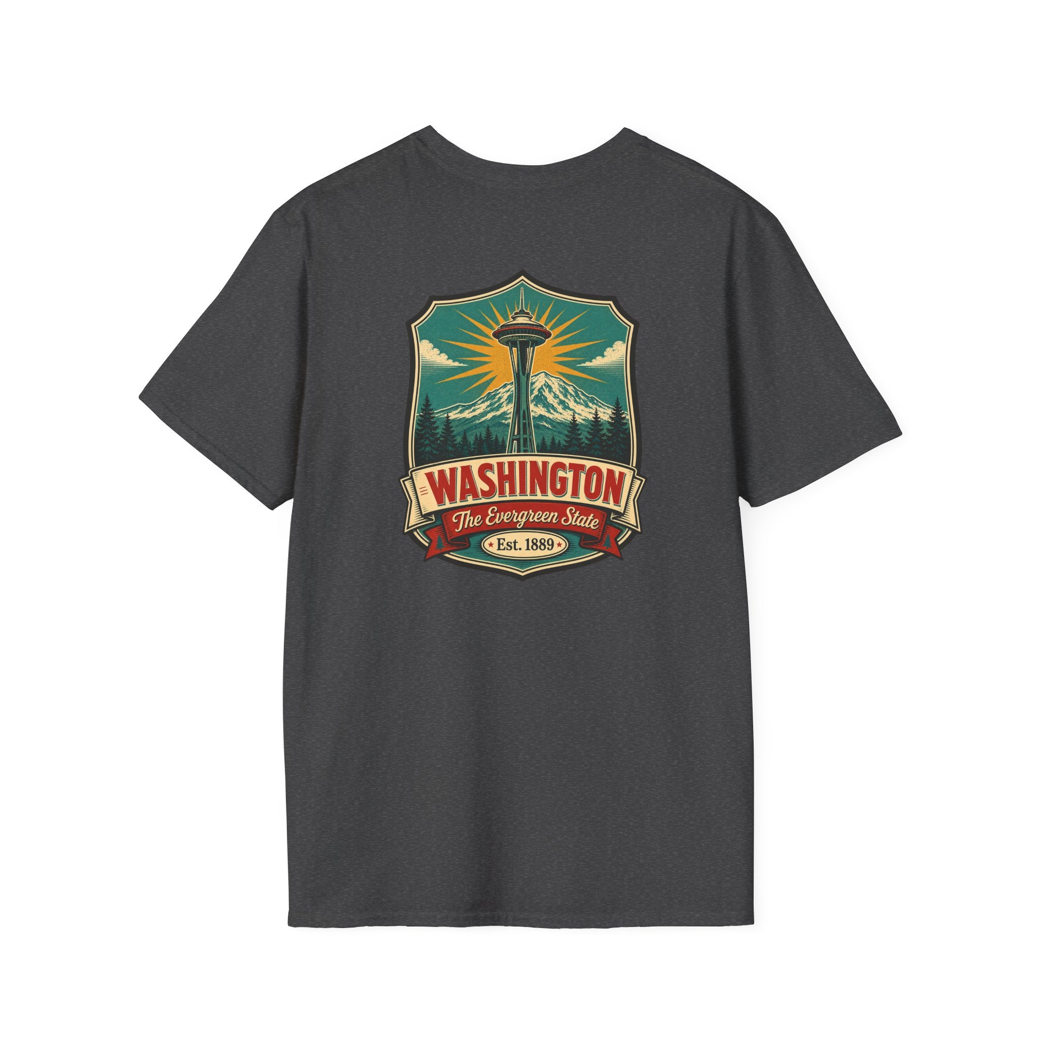 Dark gray T-shirt with Washington lighthouse graphic on front