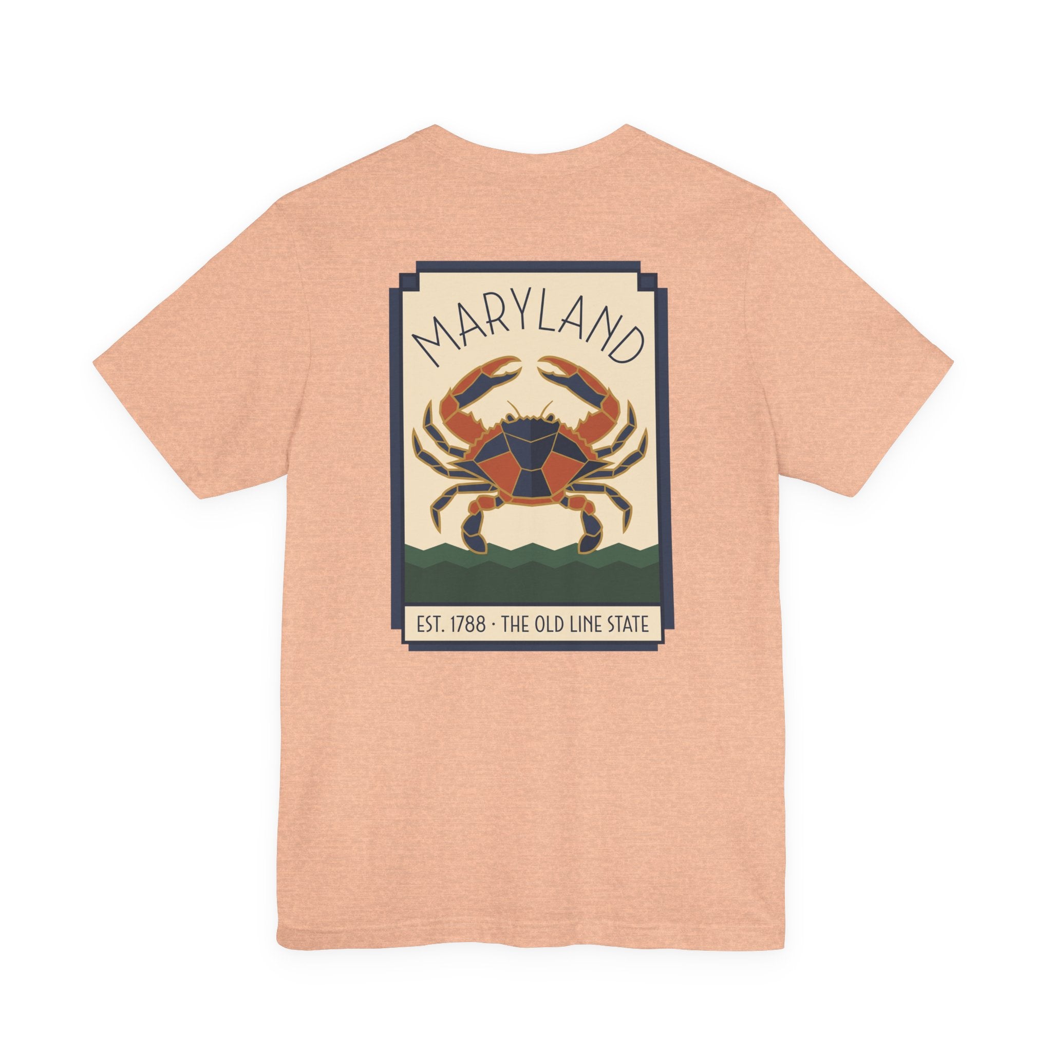 Light peach t-shirt with Maryland art deco crab graphic on the front