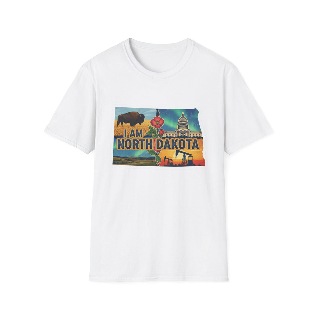 Camiseta blanca North Dakota con bisonte, flores y capitolio en el pecho