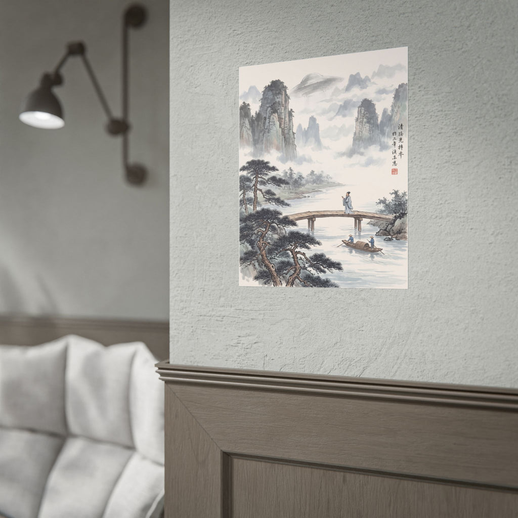 Landscape rolled poster mounted on a wall, featuring misty mountains, trees, and a bridge.