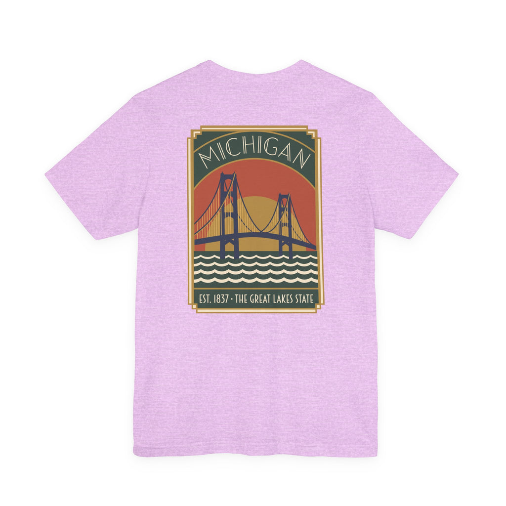 Light purple T-shirt with Michigan bridge art deco graphic and Est. 1837 print