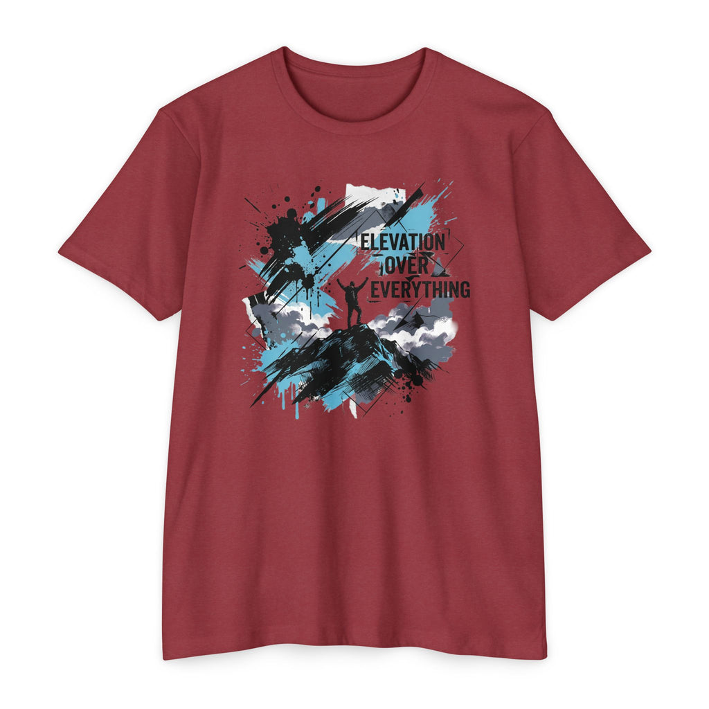 Burgundy unisex graphic T-shirt with mountain silhouette and colorful splatter text print