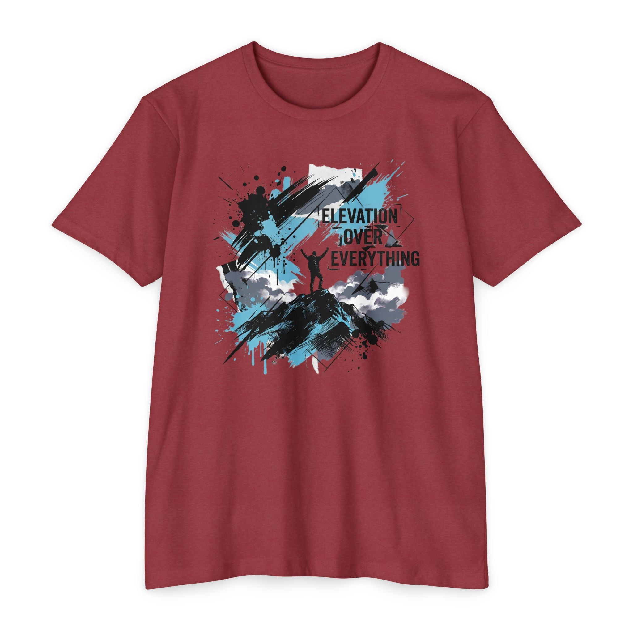 Burgundy unisex graphic T-shirt with mountain silhouette and colorful splatter text print