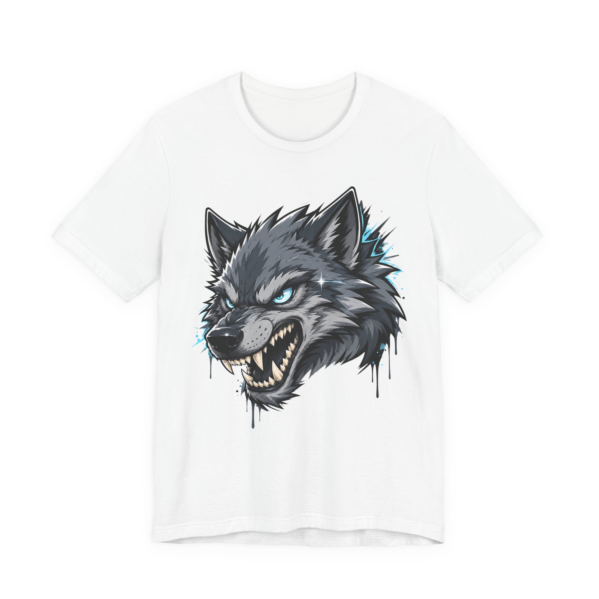 White T-shirt with snarling wolf head graphic, blue-green highlights and dripping ink.