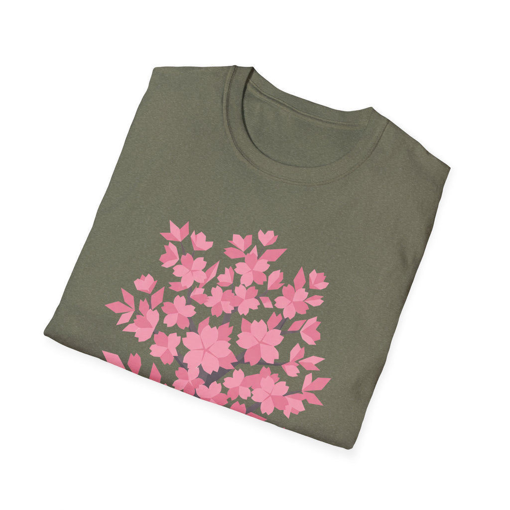 Olive green crewneck T-shirt with pink cherry blossom tree floral print.