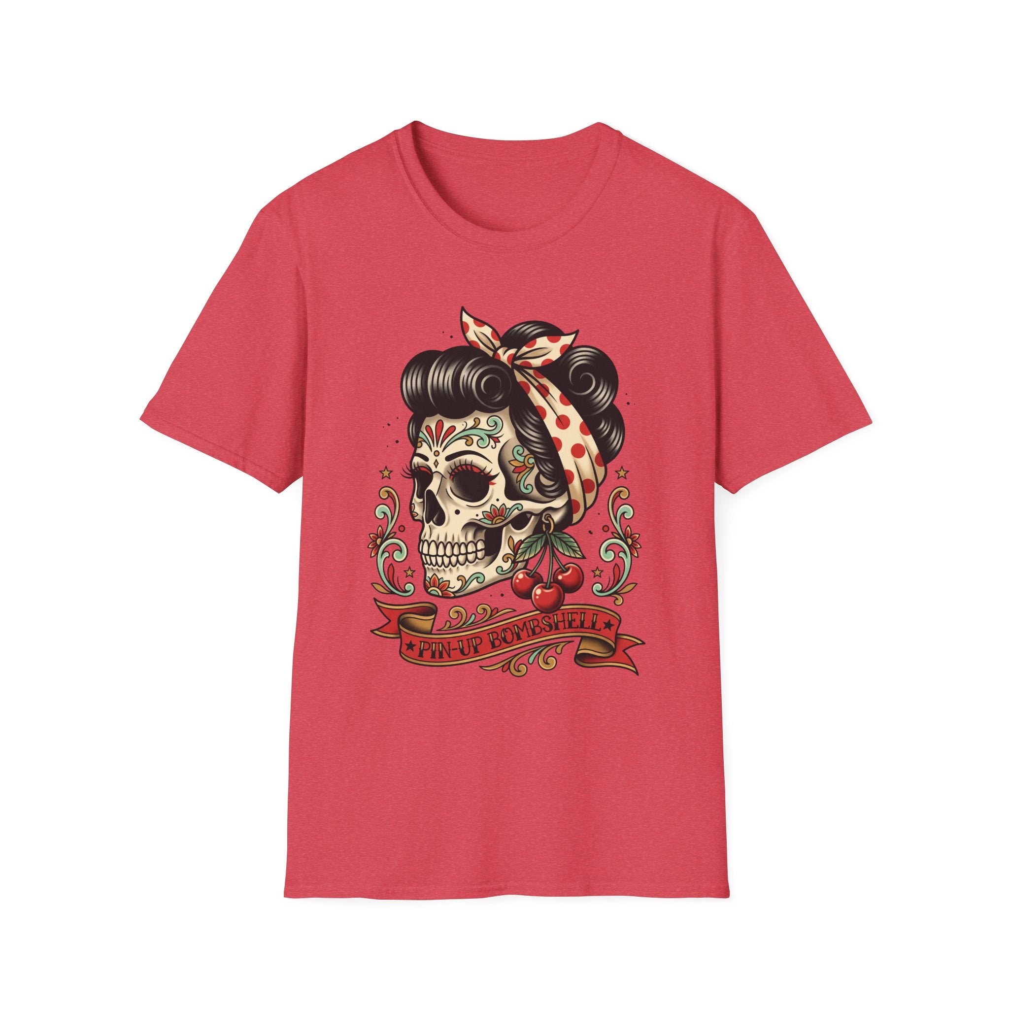 Red T-shirt with pin-up sugar skull tattoo graphic and banner text at center chest