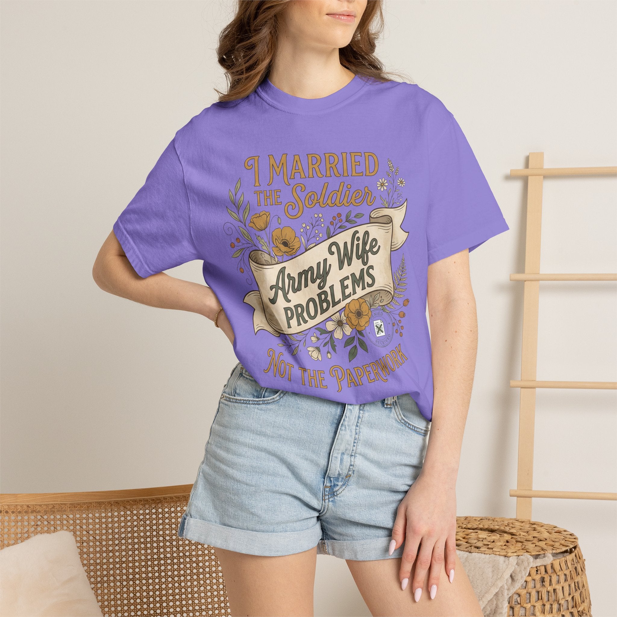 Purple crew-neck T-shirt with “Army Wife Problems” front graphic