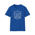 Royal blue T-shirt with front graphic of a camera inside a shield and banner