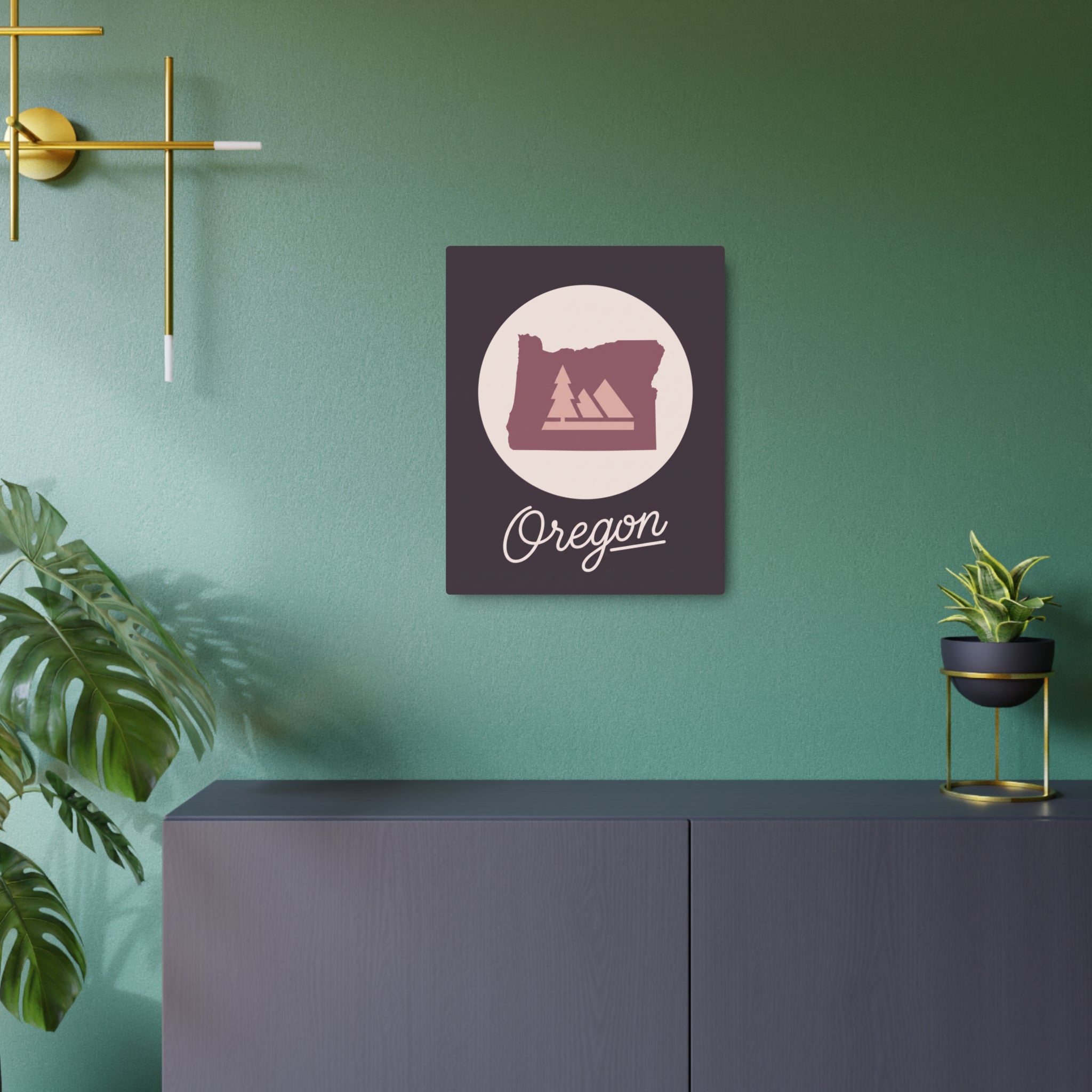 Oregon silhouette metal wall art in mauve square frame with round logo and 'Oregon' text