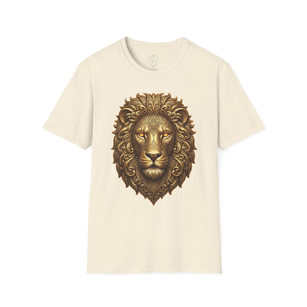Ornate gold lion head t-shirt on natural/off-white fabric, ornate mane design