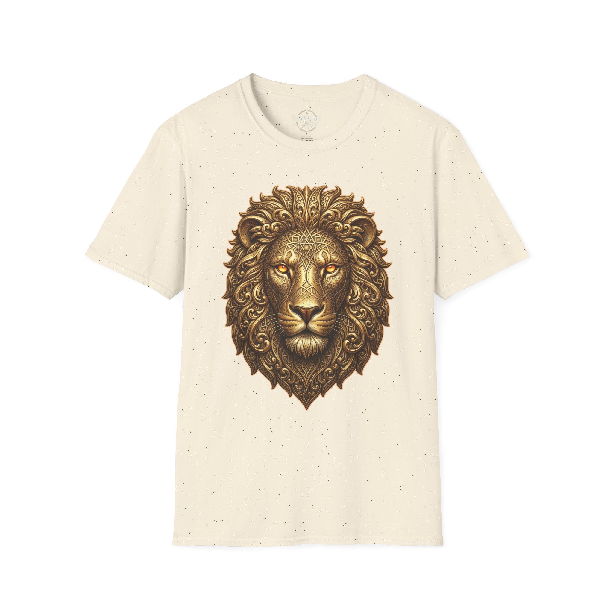 Ornate gold lion head t-shirt on natural/off-white fabric, ornate mane design
