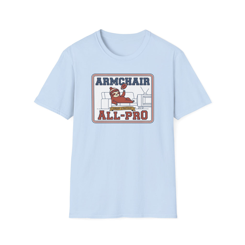 Light blue T-shirt with front 'ARMCHAIR ALL-PRO' sports graphic