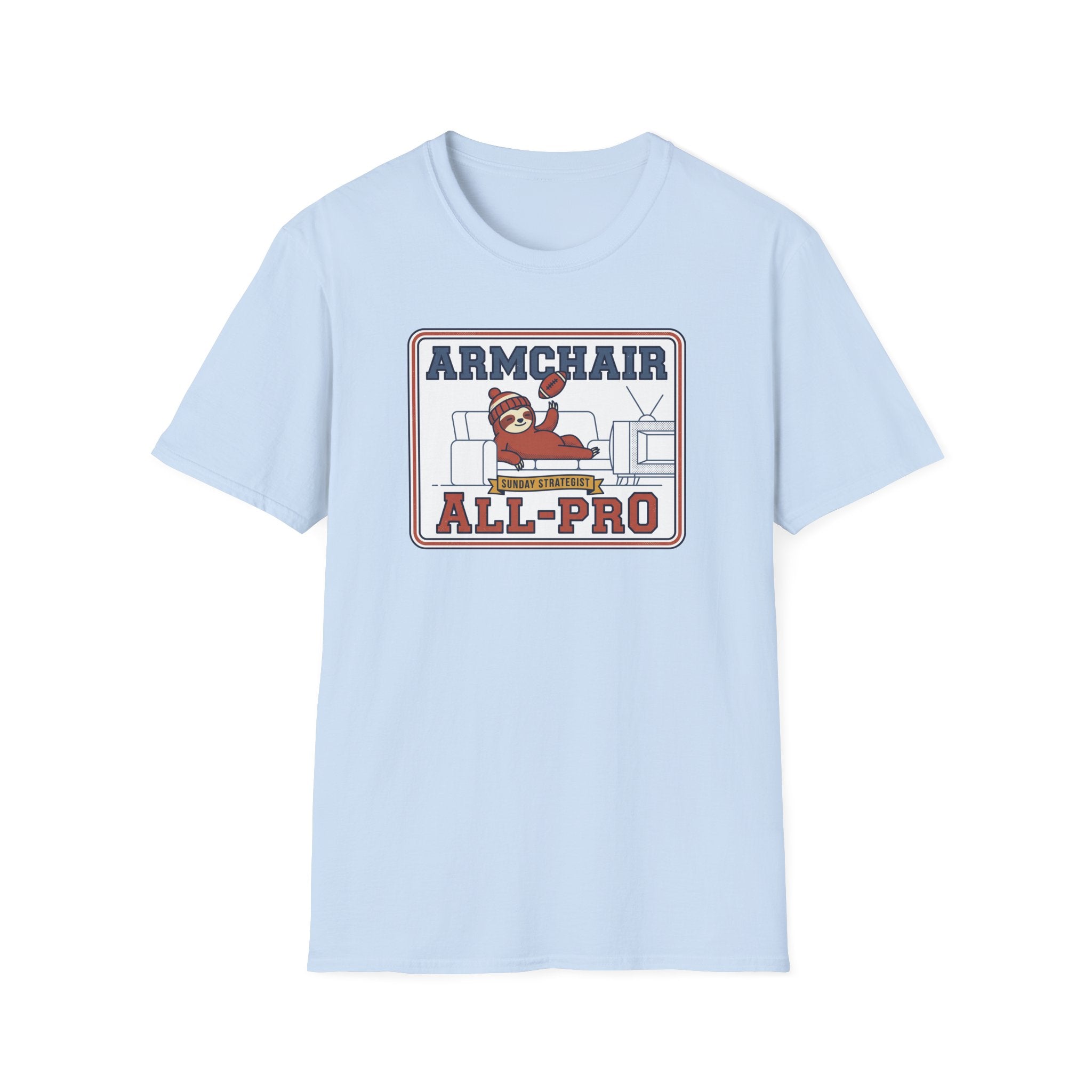 Light blue T-shirt with front 'ARMCHAIR ALL-PRO' sports graphic