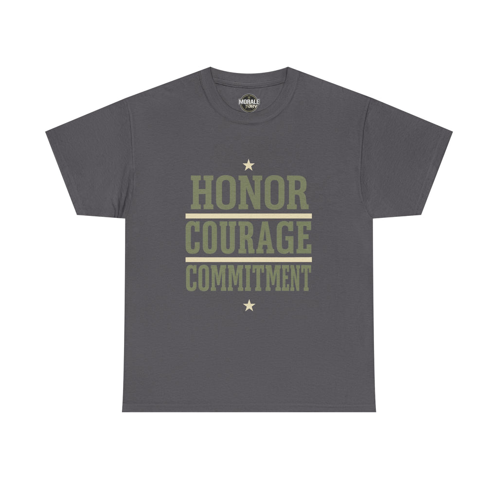 Charcoal T-shirt with “HONOR COURAGE COMMITMENT” text graphic and star accents