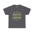 Charcoal T-shirt with “HONOR COURAGE COMMITMENT” text graphic and star accents