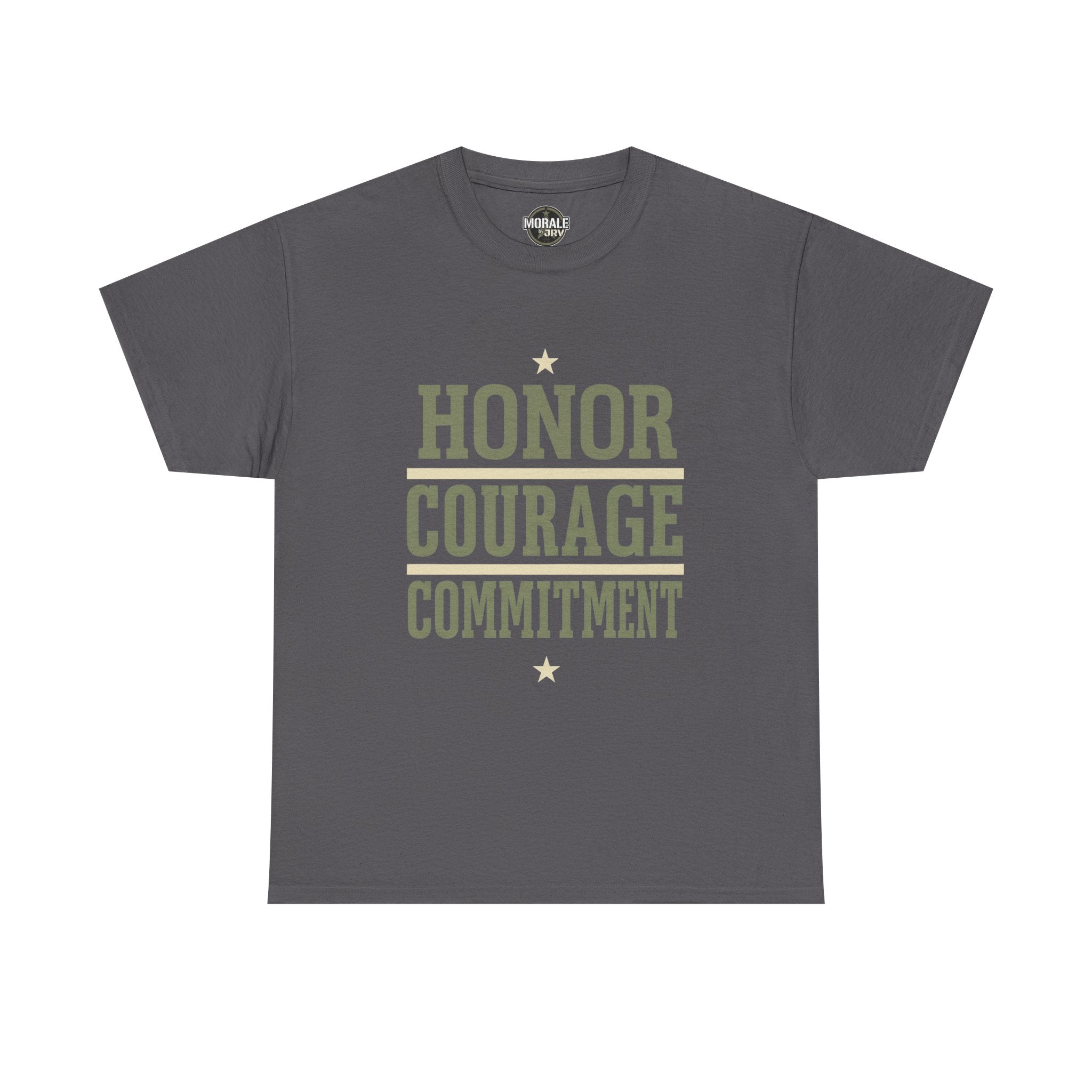 Charcoal T-shirt with “HONOR COURAGE COMMITMENT” text graphic and star accents