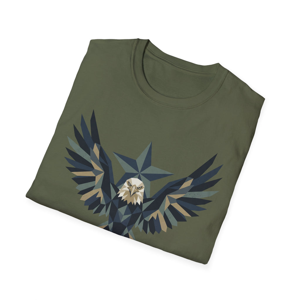 Olive green crew-neck T-shirt with geometric eagle-and-star graphic on chest