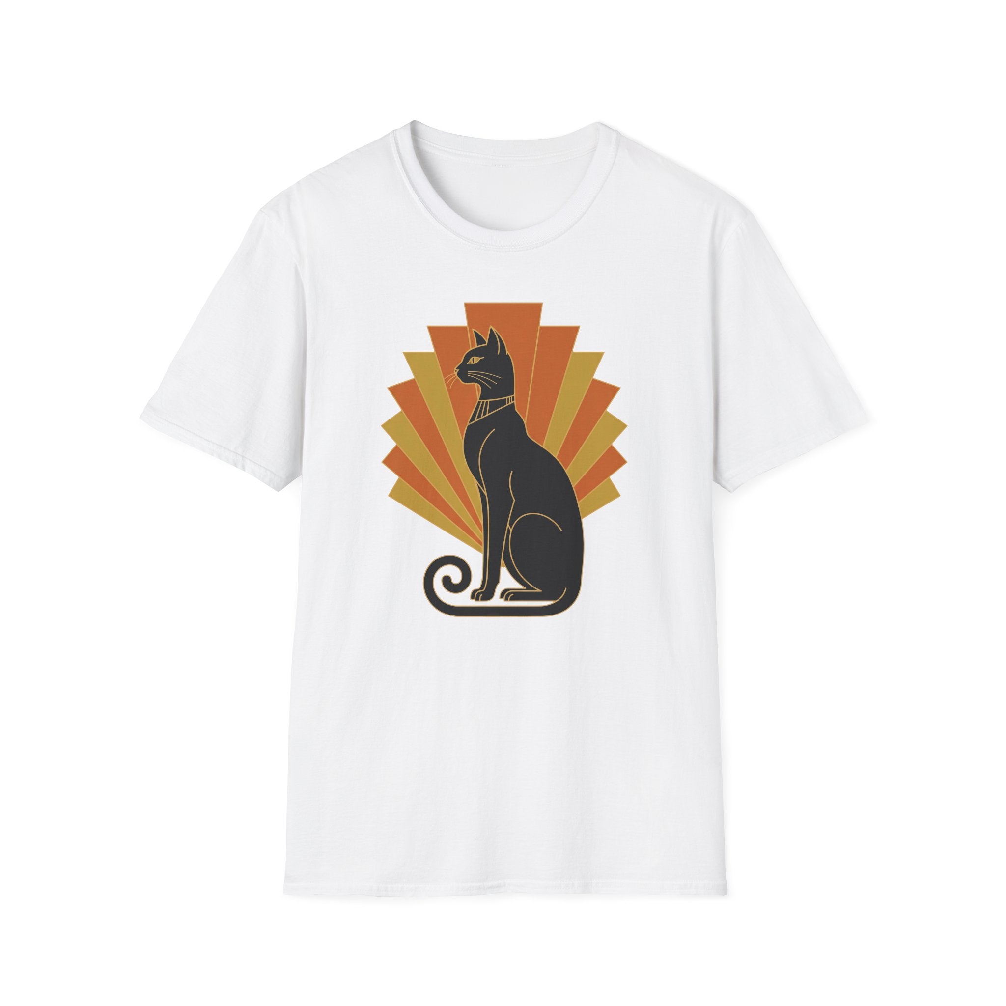 White cat T-shirt with Egyptian-style black cat graphic and orange sunburst