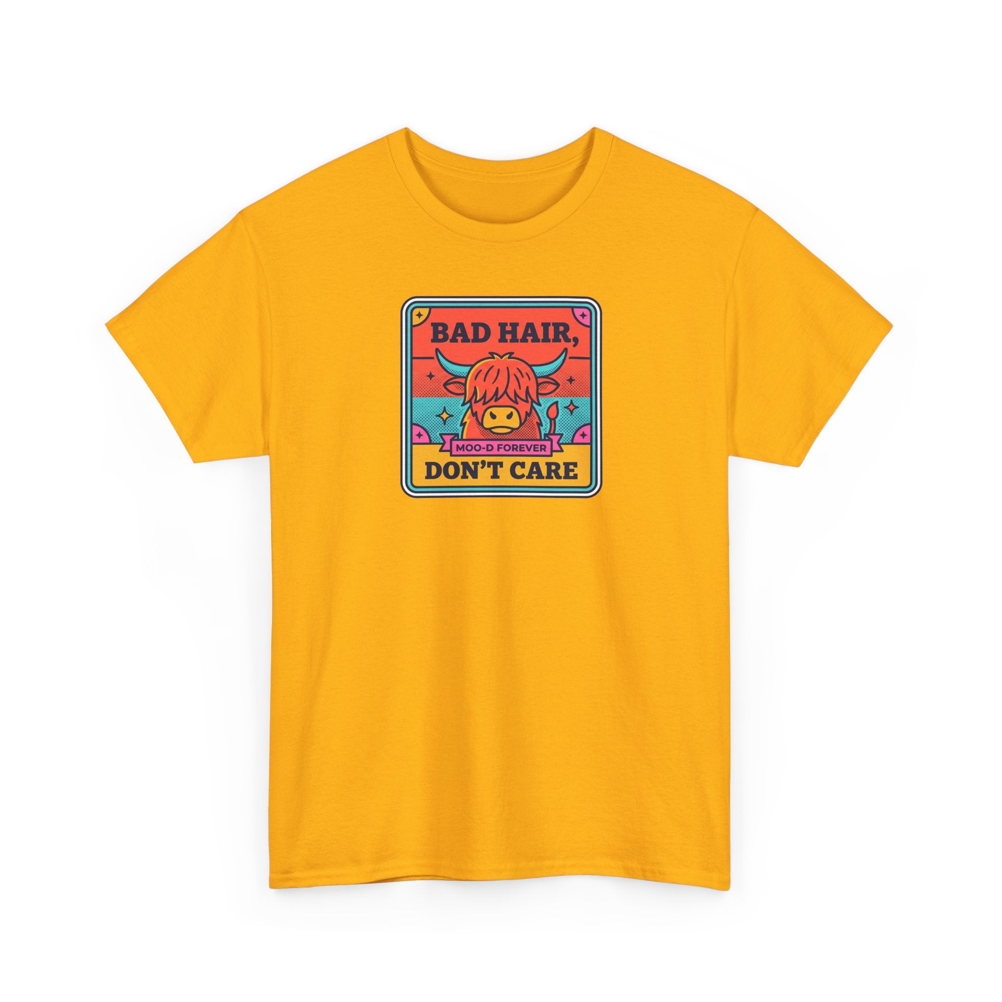 Gold/yellow short-sleeve T-shirt with cartoon chest graphic