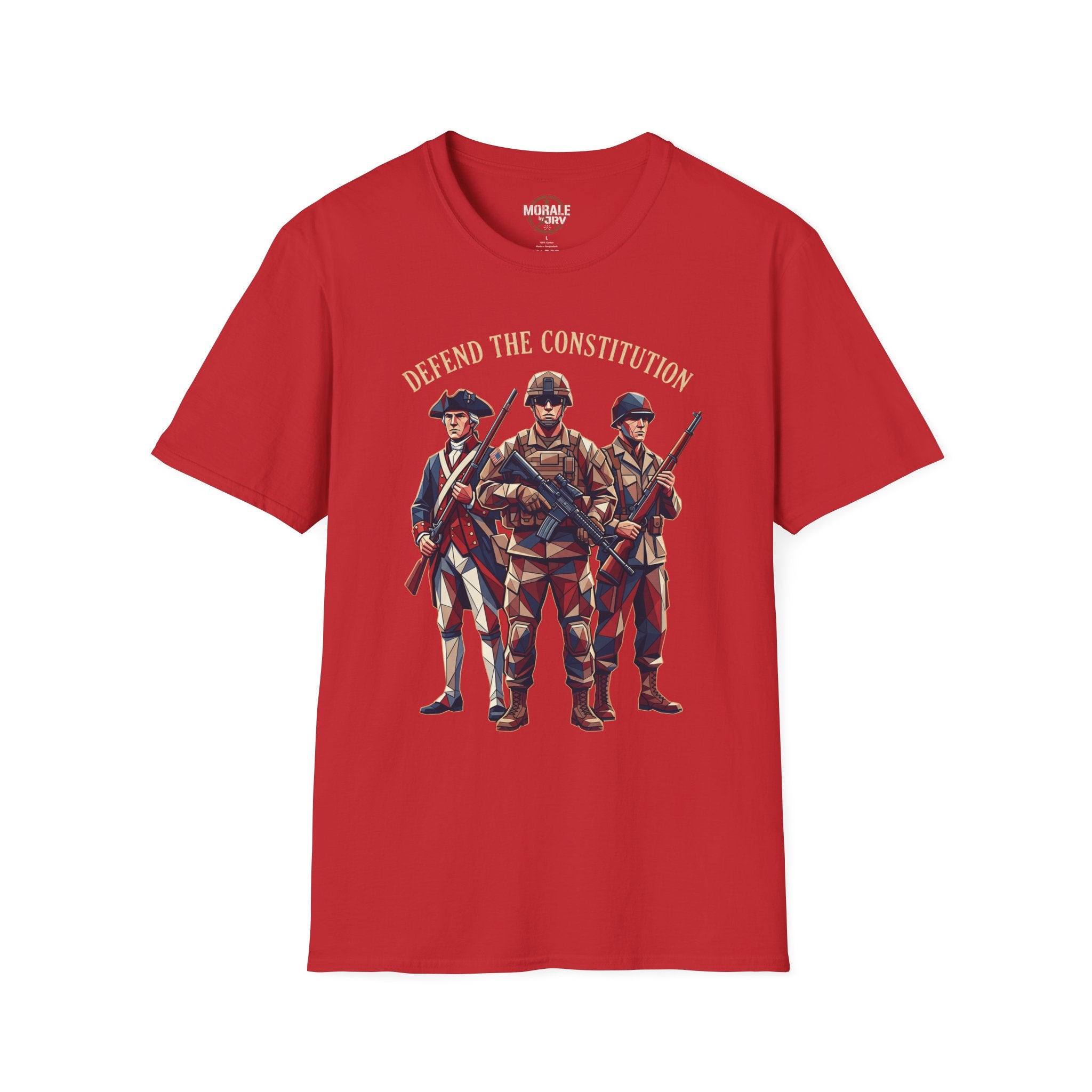 Defend the Constitution T-shirt, red with patriotic soldiers graphic and slogan
