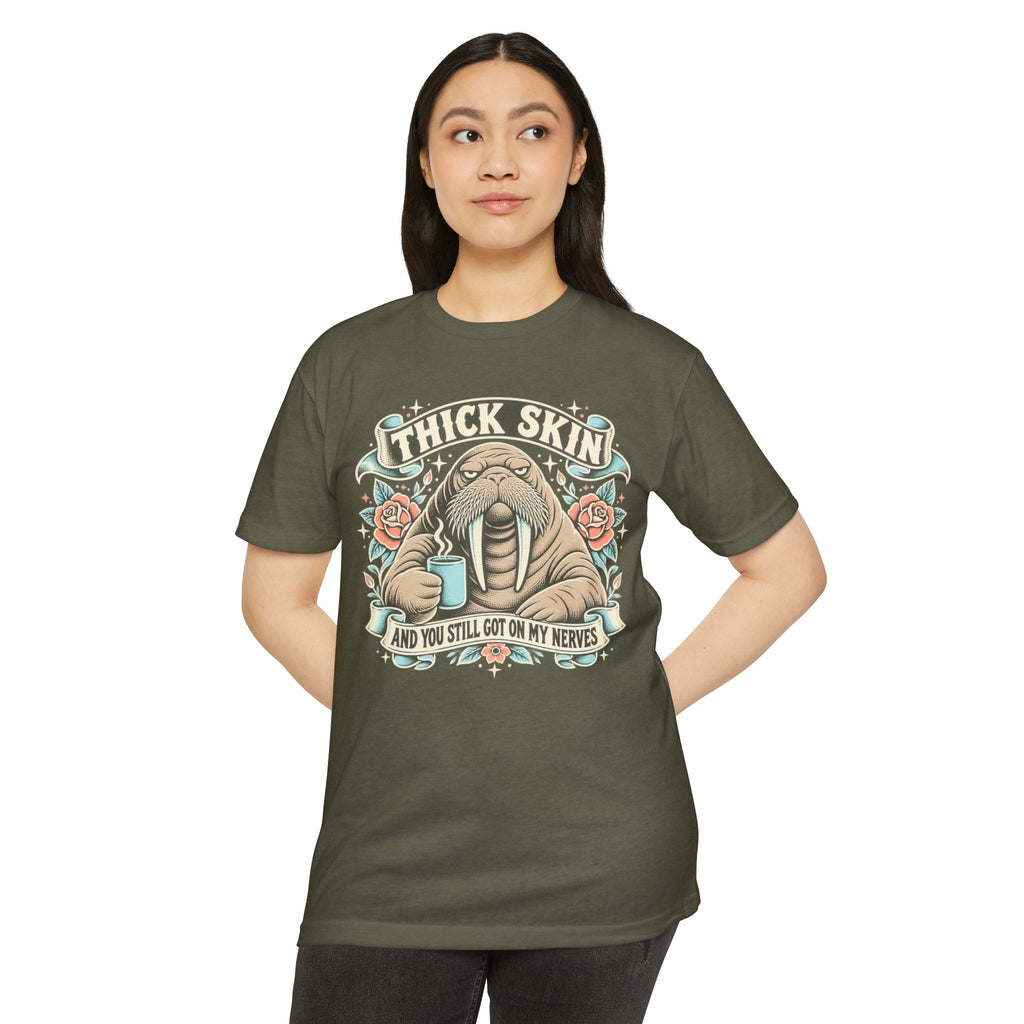Walrus graphic t-shirt in green with front walrus illustration and text banner