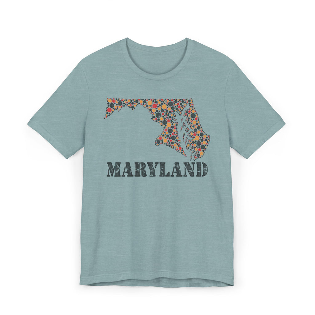 Teal Maryland floral map graphic T-shirt with dotted map and 'MARYLAND' lettering