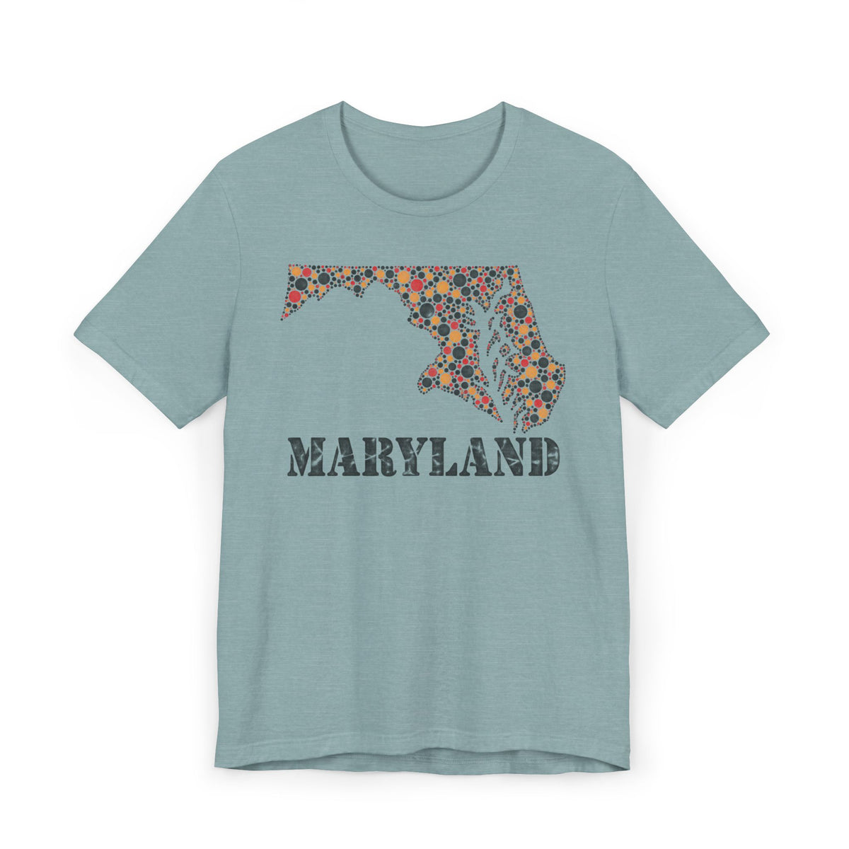 Teal Maryland floral map graphic T-shirt with dotted map and 'MARYLAND' lettering