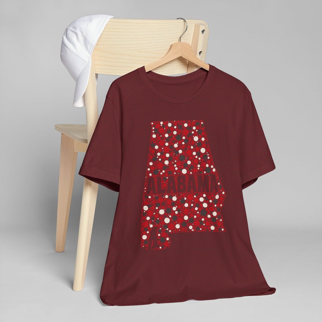 Maroon crew-neck T-shirt with red floral state outline graphic on front