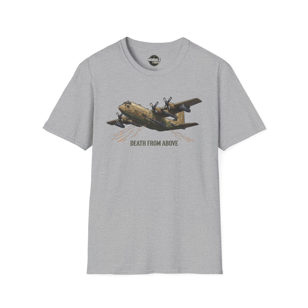 Light gray C-130 cargo plane graphic T-shirt with “DEATH FROM ABOVE”