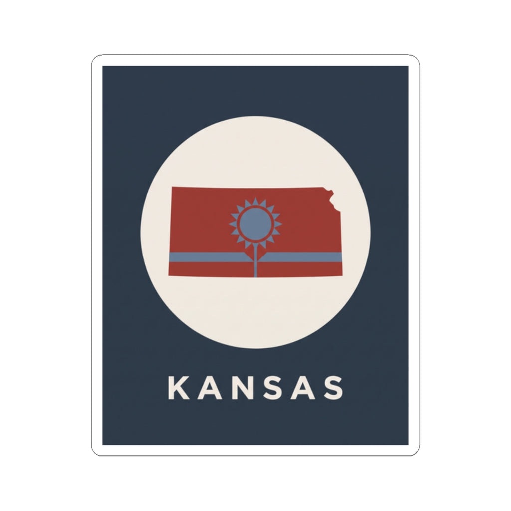 Kansas state map sunflower sticker with “KANSAS” text, blue square design, white border